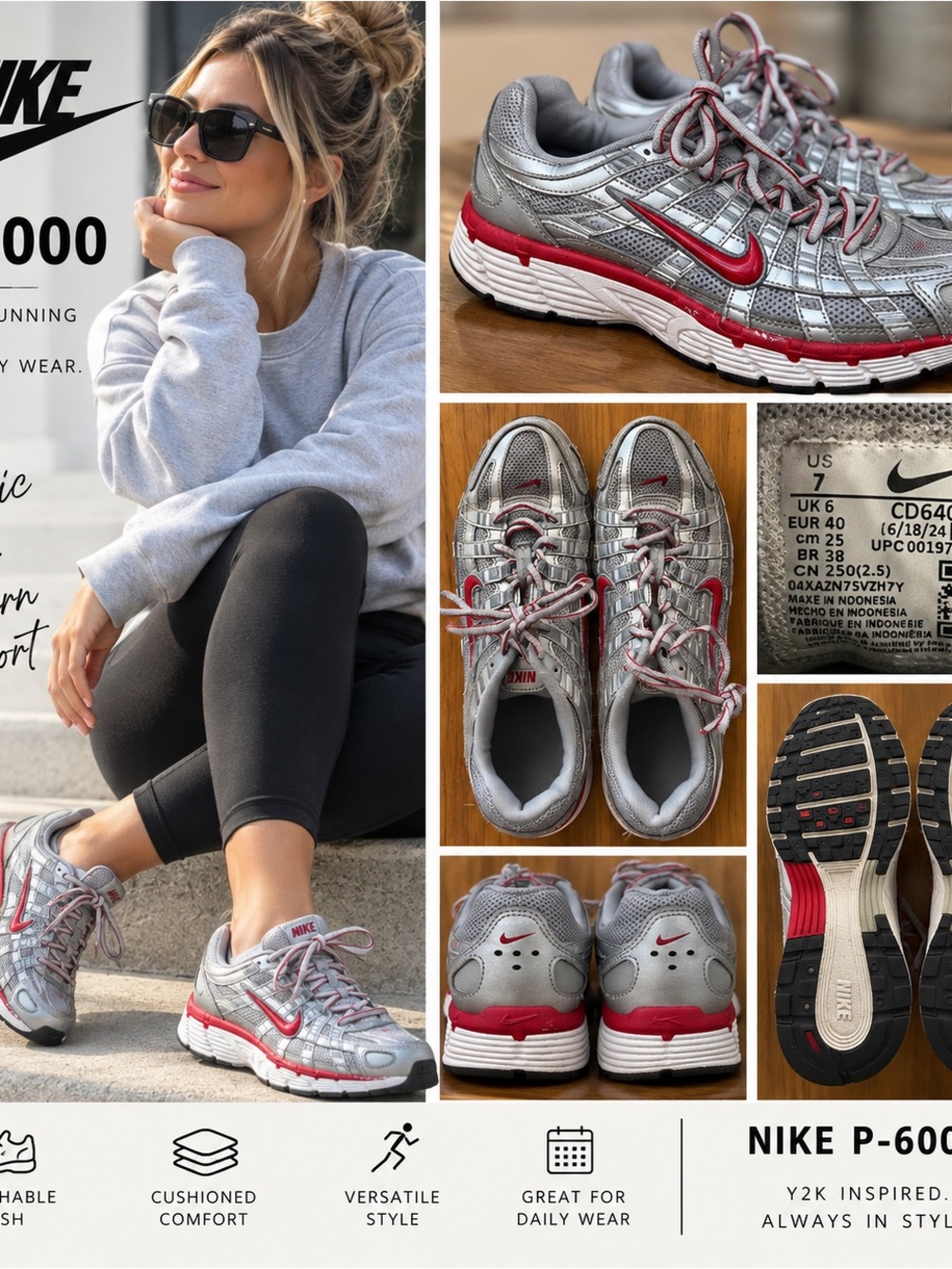 Nike P-6000 Metallic Silver Gym Red Sneakers Men’s 7 Women’s 8.5 CD6404-024